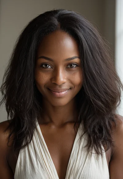 Afrikanisch, Weiblich, Schwarz Haare, Braun Augen – KI Portrait