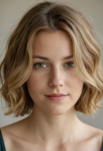 Europäisch, Weiblich, Blond Haare, Grün Augen – KI Portrait
