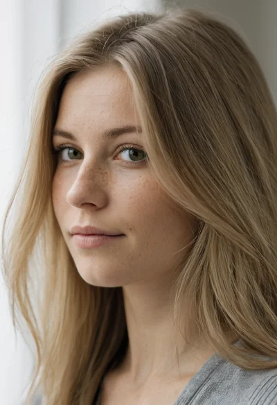 Europäisch, Weiblich, Blond Haare, Blau Augen – KI Portrait