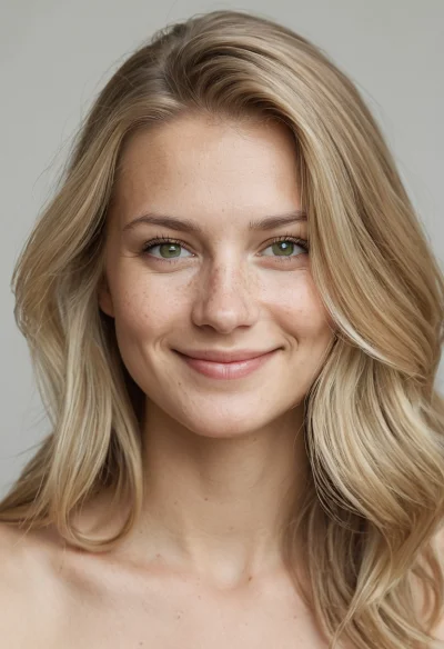 Europäisch, Weiblich, Blond Haare, Grün Augen – KI Portrait