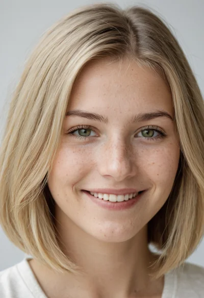Europäisch, Weiblich, Blond Haare, Grün Augen – KI Portrait