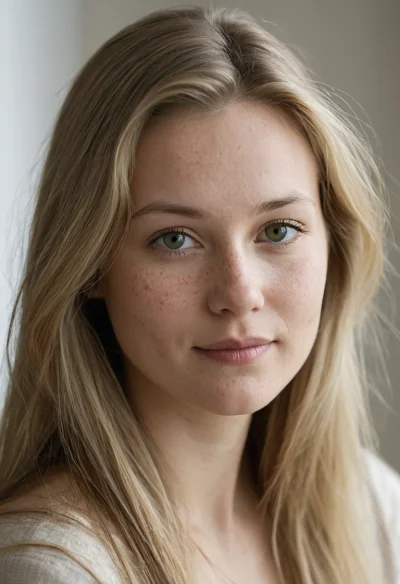 Europäisch, Weiblich, Blond Haare, Grün Augen – KI Portrait