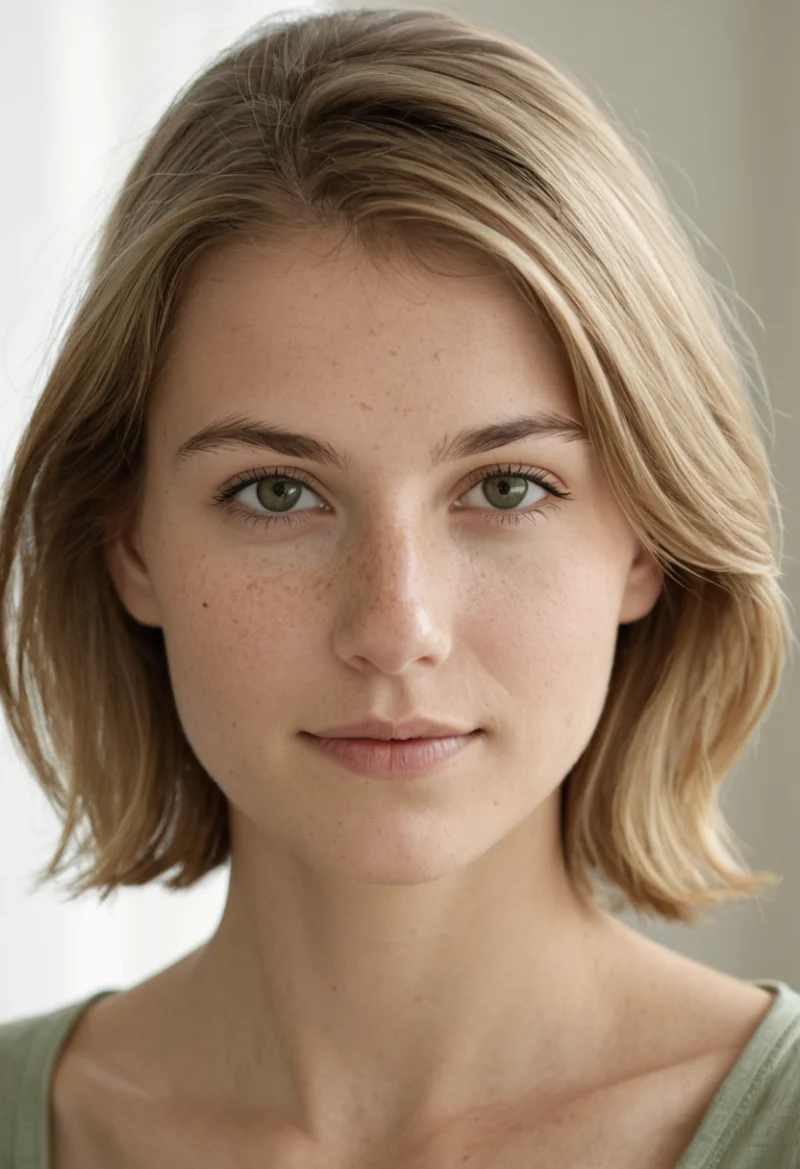 Europäisch, Weiblich, Blond Haare, Grün Augen – KI Portrait