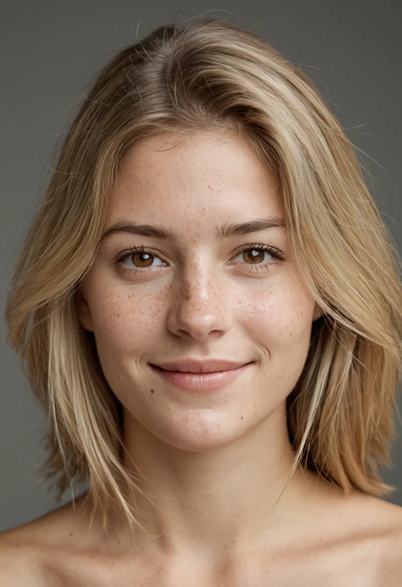 Europäisch, Weiblich, Blond Haare, Braun Augen – KI Portrait