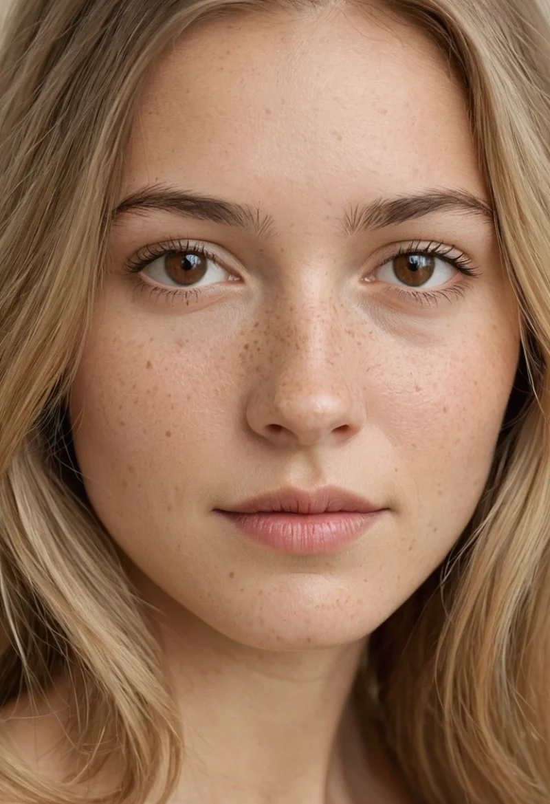 Europäisch, Weiblich, Blond Haare, Braun Augen – KI Portrait