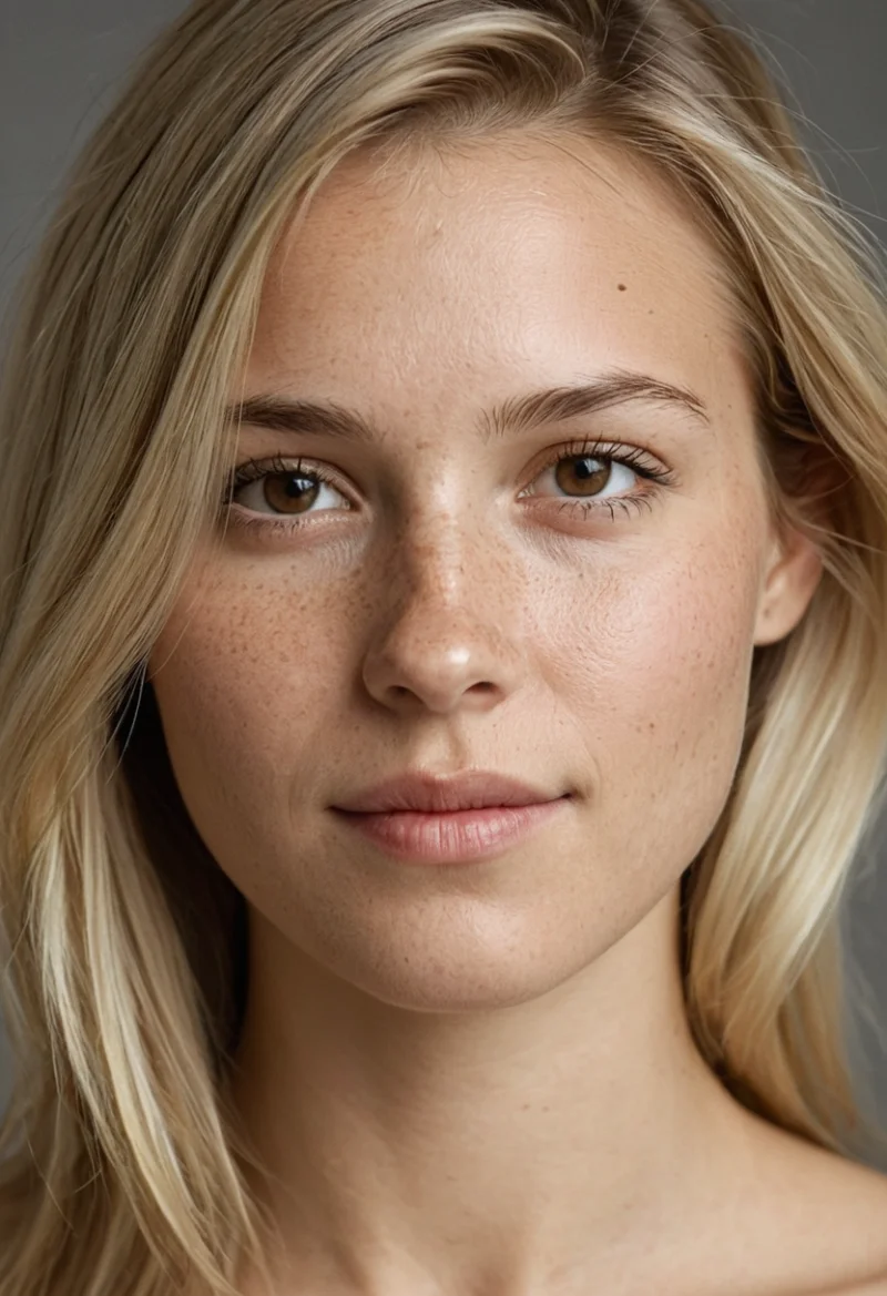 Europäisch, Weiblich, Blond Haare, Braun Augen – KI Portrait