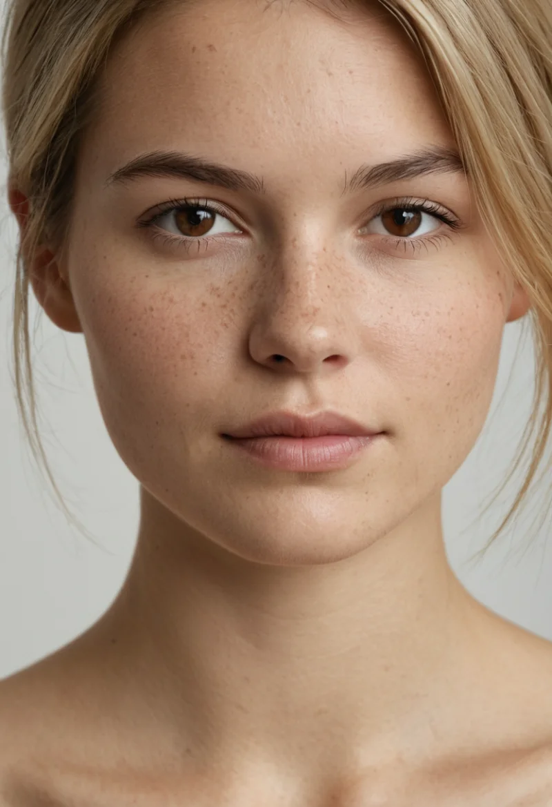 Europäisch, Weiblich, Blond Haare, Braun Augen – KI Portrait