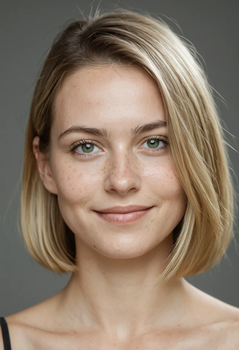Europäisch, Weiblich, Blond Haare, Grün Augen – KI Portrait