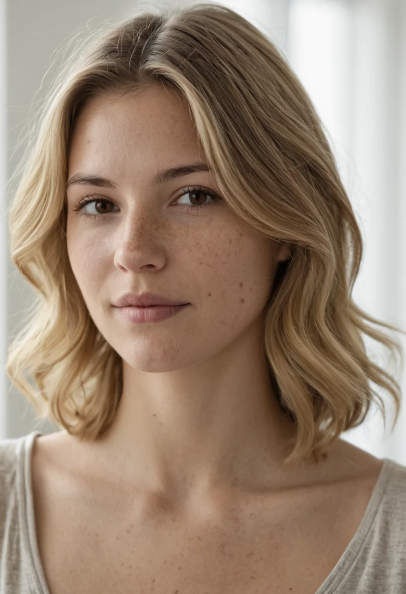 Europäisch, Weiblich, Blond Haare, Braun Augen – KI Portrait